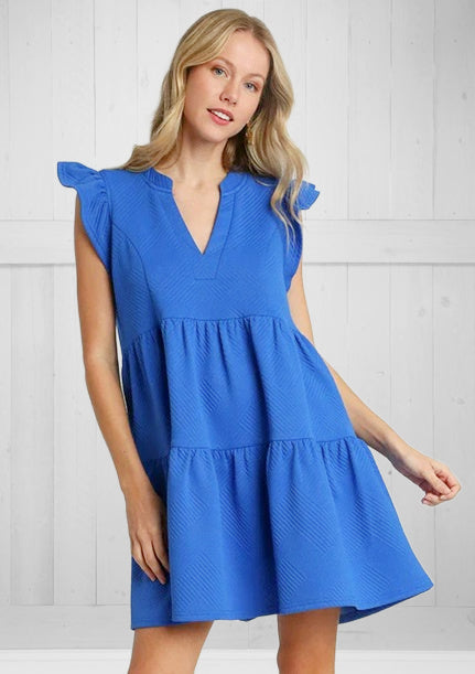 Textured Split Neck Dress Blue