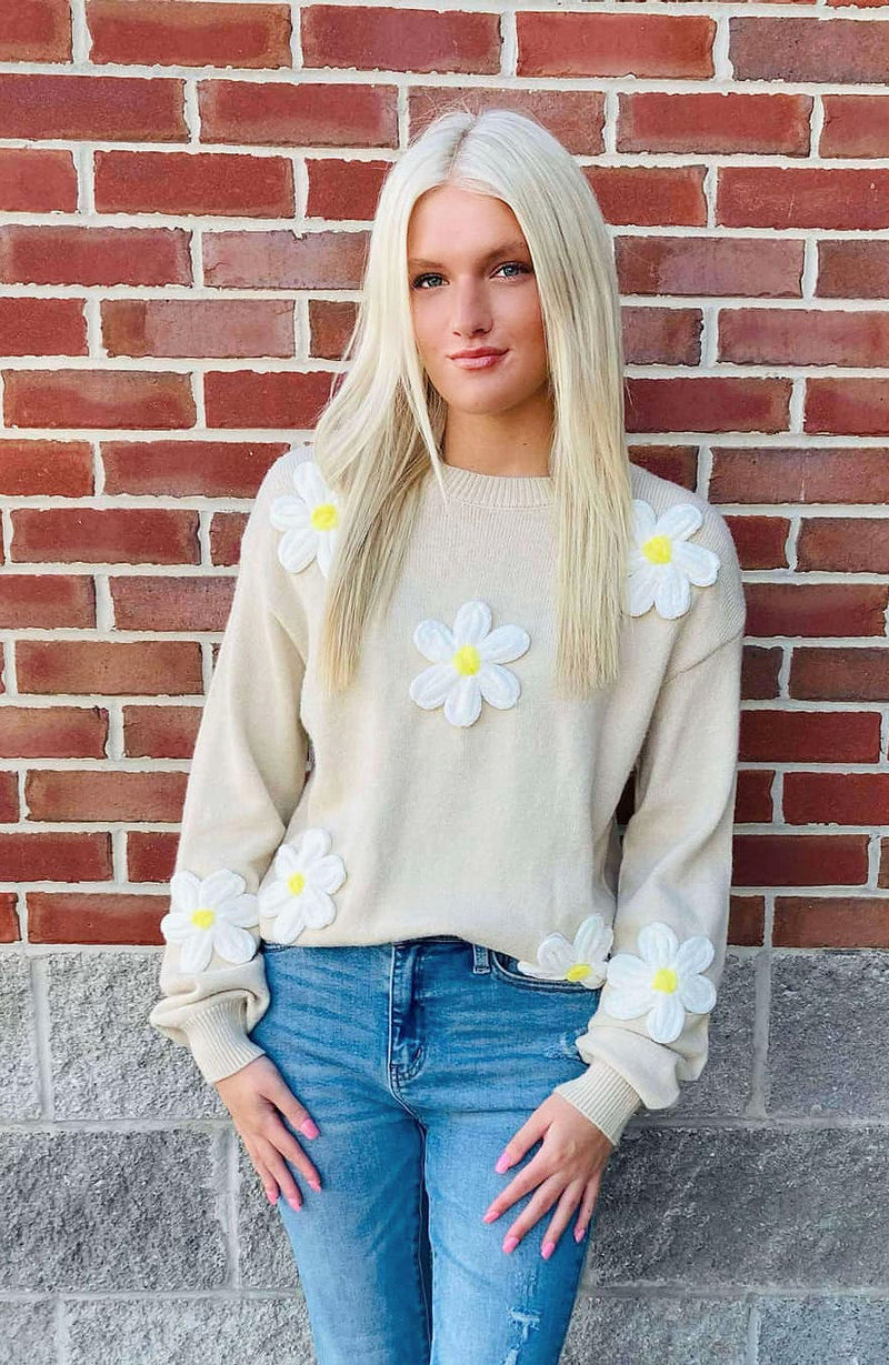 Cream Sweater with Woven Flowers - Mini Mee Boutique