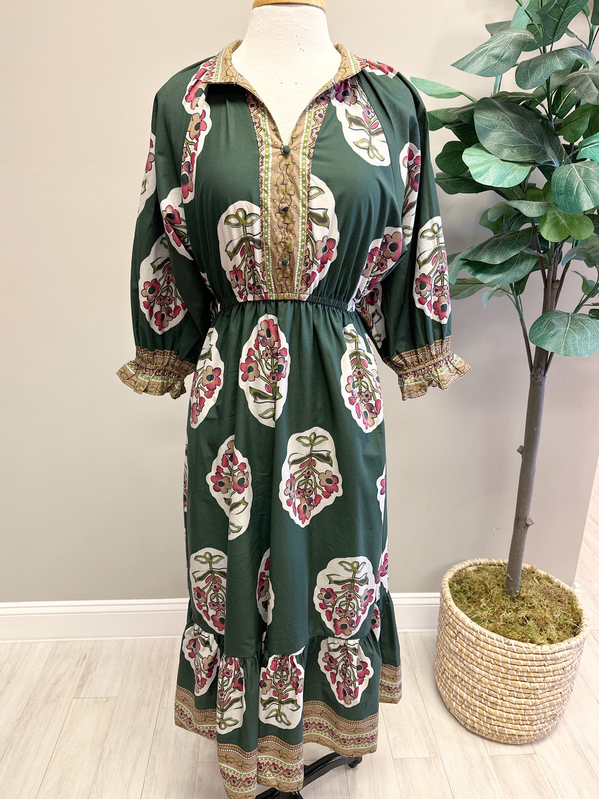 Green Button Up With Pink Floral Details - Women’s Maxi Dress - by Umgee - True to Size