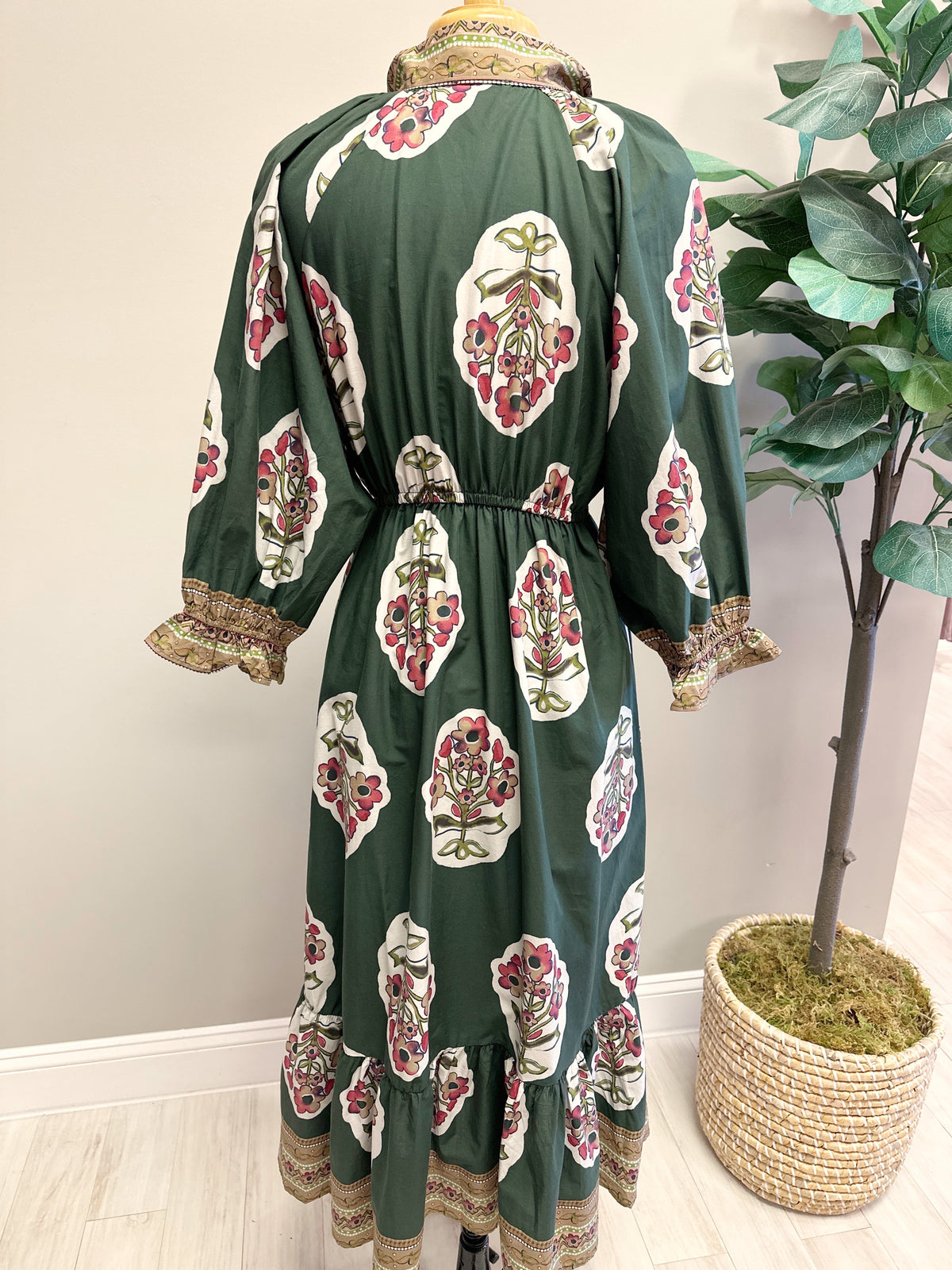 Green Button Up With Pink Floral Details - Women’s Maxi Dress - by Umgee - True to Size