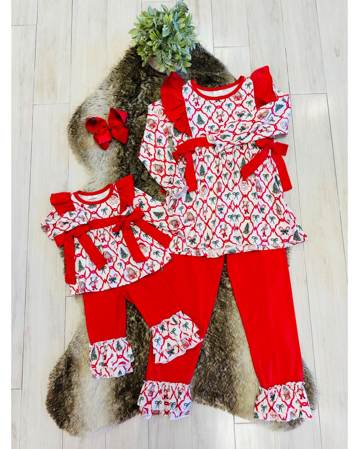 Christmas Mixed Print Outfit with Ruffle Trim & Bow Detail - Girls Pants Outfit - by Mini Mee - True to Size