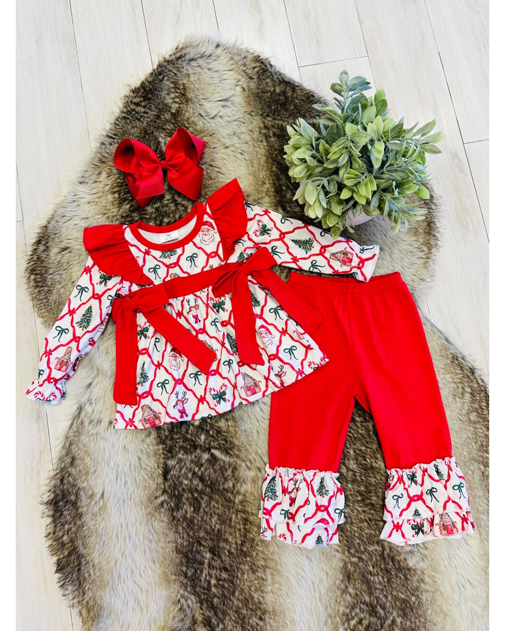 Christmas Mixed Print Outfit with Ruffle Trim & Bow Detail - Girls Pants Outfit - by Mini Mee - True to Size