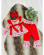 Christmas Mixed Print Outfit with Ruffle Trim & Bow Detail - Girls Pants Outfit - by Mini Mee - True to Size