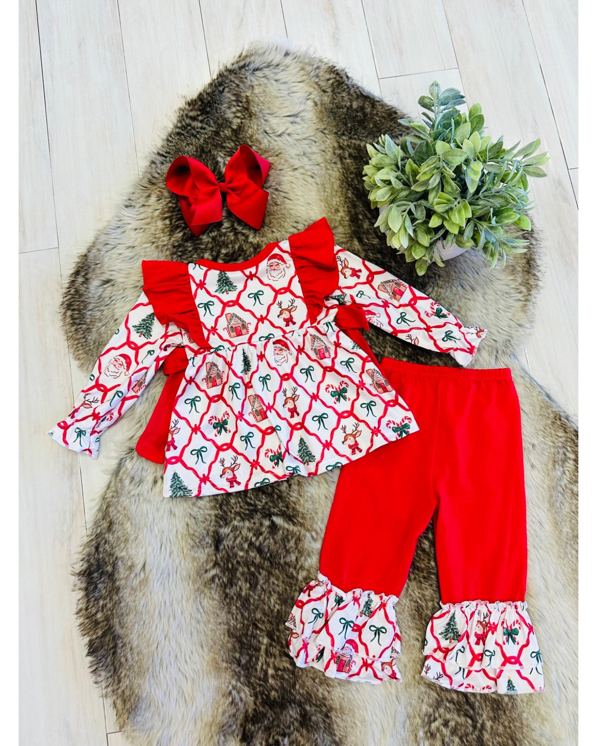 Christmas Mixed Print Outfit with Ruffle Trim & Bow Detail - Girls Pants Outfit - by Mini Mee - True to Size