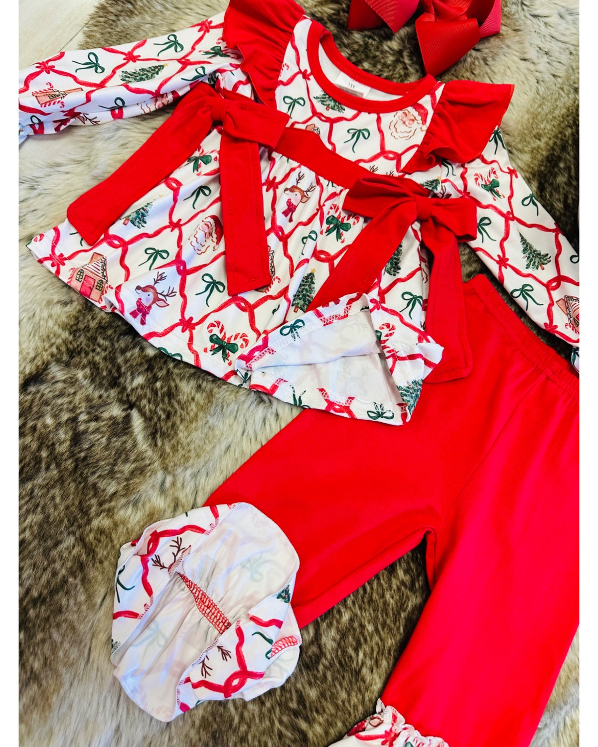 Christmas Mixed Print Outfit with Ruffle Trim & Bow Detail - Girls Pants Outfit - by Mini Mee - True to Size
