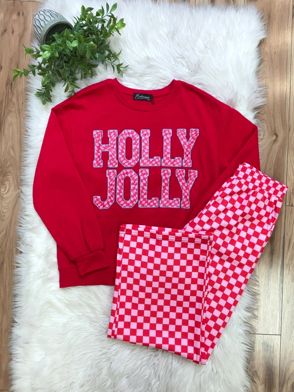Holly Jolly Pink and Red Checkered - Women’s 2 Piece Pants Set - by Evermmee - True to Size