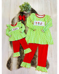 Grinch Character Christmas Outfit with White Polka Dots - Girls Pants Outfit - by Mini Mee - True to Size