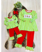 Grinch Character Christmas Outfit with White Polka Dots - Girls Pants Outfit - by Mini Mee - True to Size