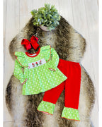 Grinch Character Christmas Outfit with White Polka Dots - Girls Pants Outfit - by Mini Mee - True to Size