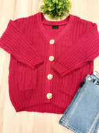 Burgundy Chunky Knit V-Neck Gold Button Cardigan - Women’s Sweater Top - by LUMIERE - Oversized
