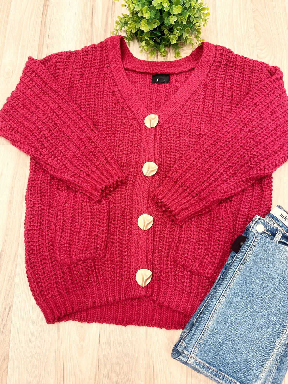 Burgundy Chunky Knit V-Neck Gold Button Cardigan - Women’s Sweater Top - by LUMIERE - Oversized