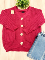 Burgundy Chunky Knit V-Neck Gold Button Cardigan - Women’s Sweater Top - by LUMIERE - Oversized
