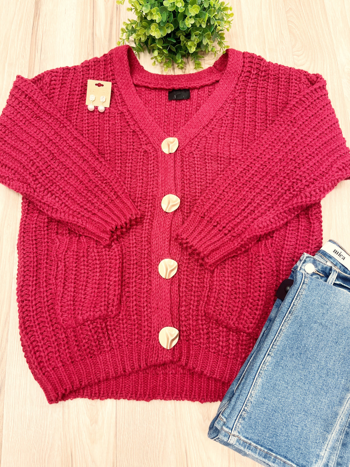 Burgundy Chunky Knit V-Neck Gold Button Cardigan - Women’s Sweater Top - by LUMIERE - Oversized