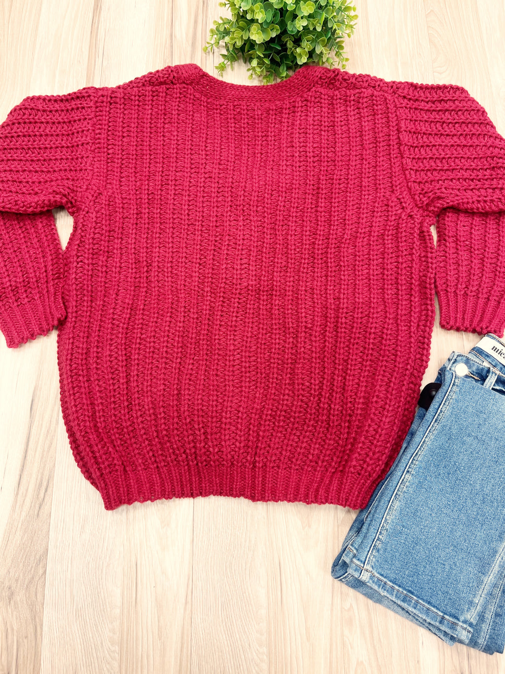 Burgundy Chunky Knit V-Neck Gold Button Cardigan - Women’s Sweater Top - by LUMIERE - Oversized