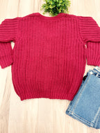Burgundy Chunky Knit V-Neck Gold Button Cardigan - Women’s Sweater Top - by LUMIERE - Oversized