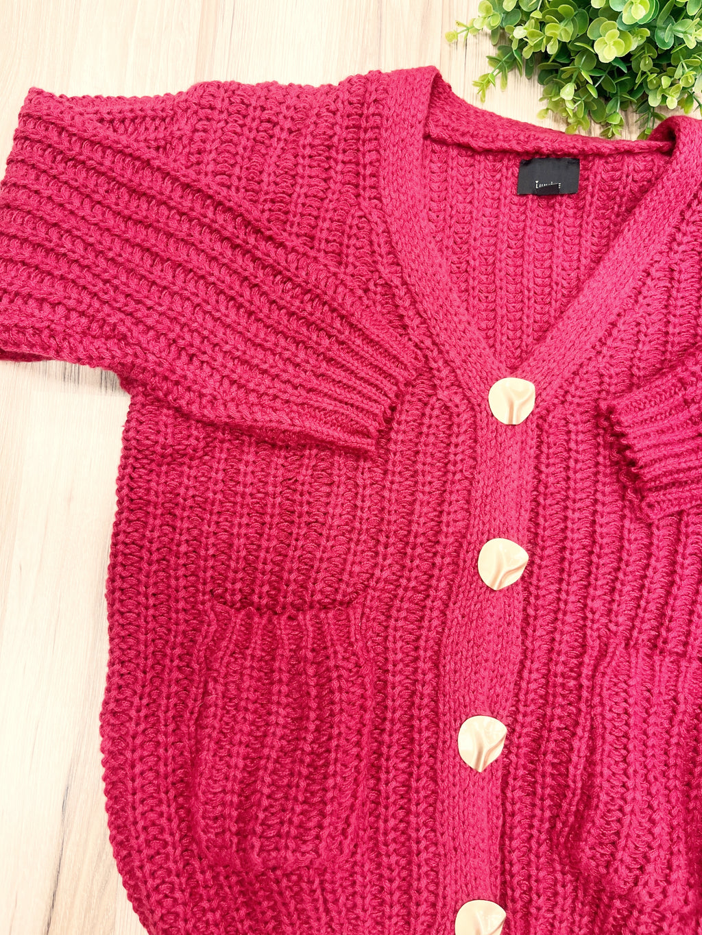 Burgundy Chunky Knit V-Neck Gold Button Cardigan - Women’s Sweater Top - by LUMIERE - Oversized