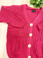Burgundy Chunky Knit V-Neck Gold Button Cardigan - Women’s Sweater Top - by LUMIERE - Oversized