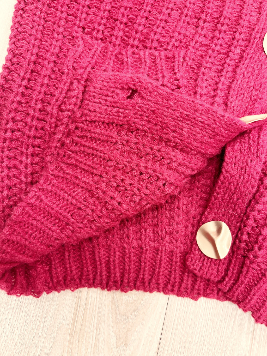 Burgundy Chunky Knit V-Neck Gold Button Cardigan - Women’s Sweater Top - by LUMIERE - Oversized