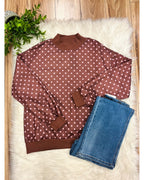Women’s Brown Top with Pink Polka Dots - Women’s Sweatshirt Top - by Evermmee - True to Size