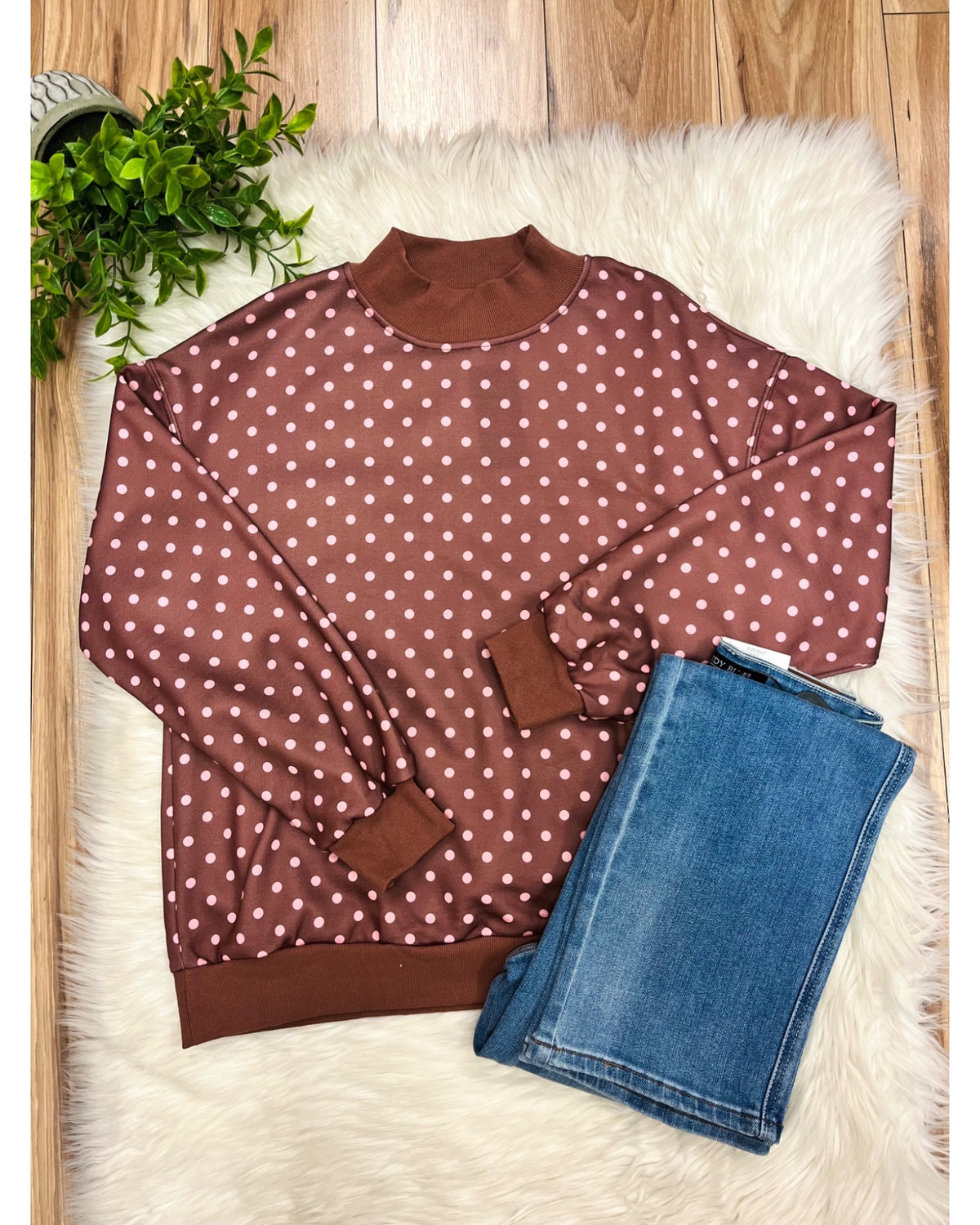 Women’s Brown Top with Pink Polka Dots - Women’s Sweatshirt Top - by Evermmee - True to Size