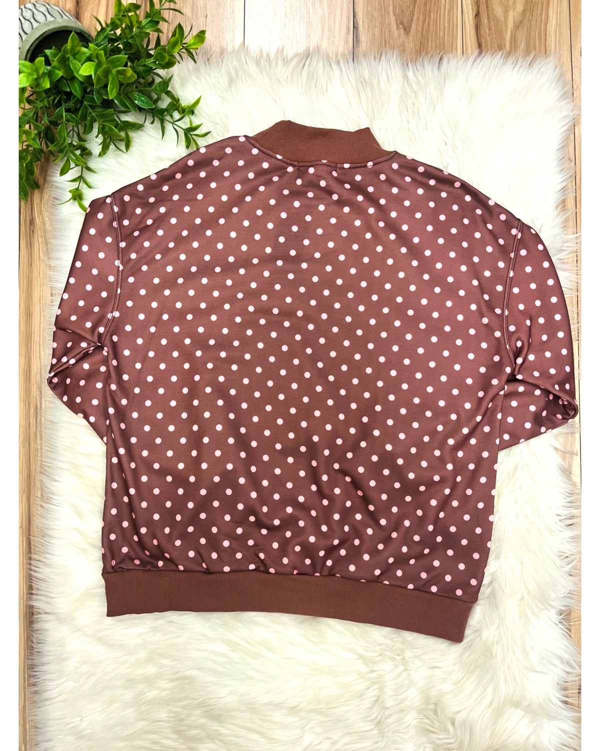 Women’s Brown Top with Pink Polka Dots - Women’s Sweatshirt Top - by Evermmee - True to Size