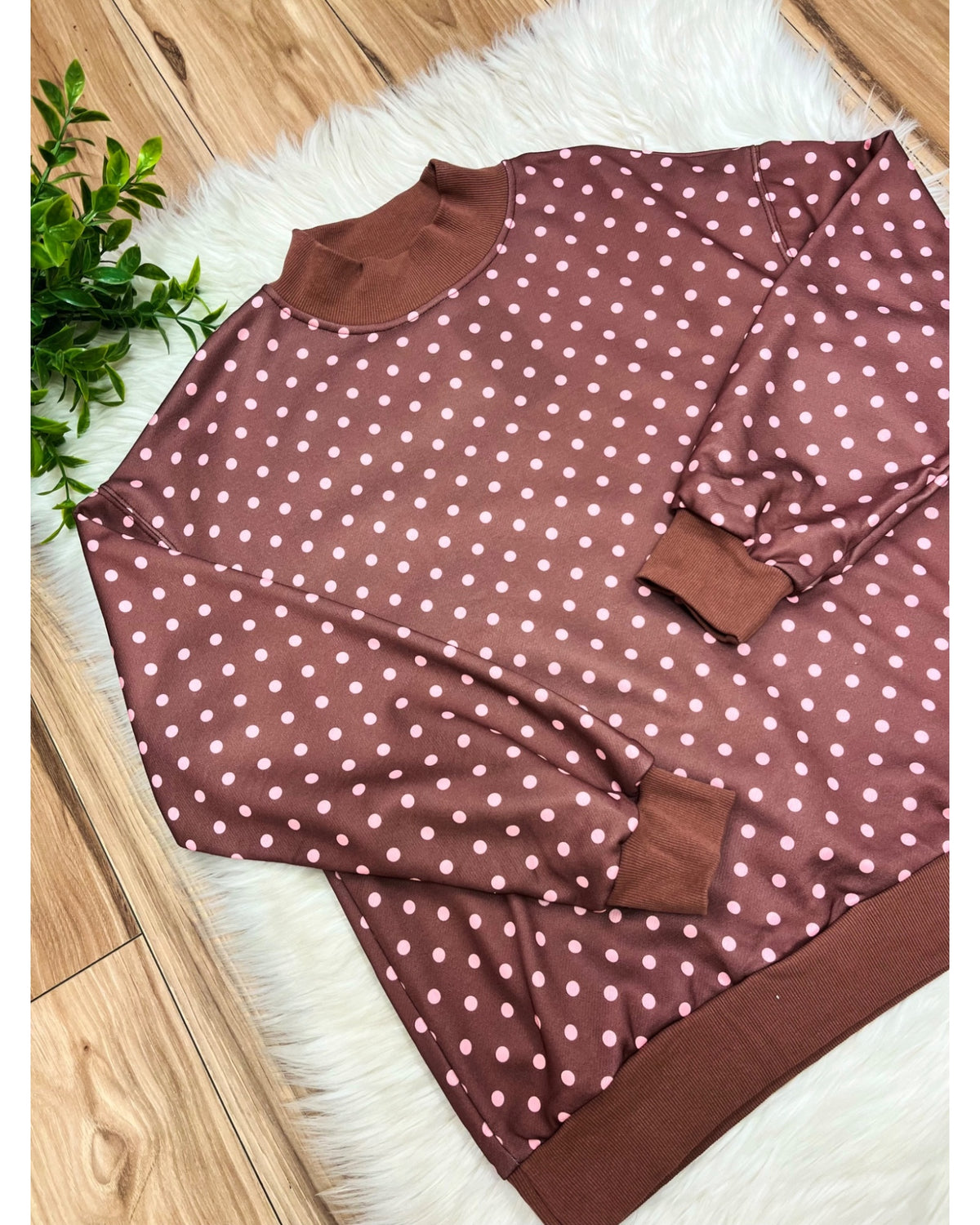Women’s Brown Top with Pink Polka Dots - Women’s Sweatshirt Top - by Evermmee - True to Size