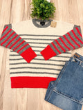 Red and Gray Horizontal Stripes ivory Crewneck Sweater - Women’s Sweater Top - by LUMIERE - True to Size