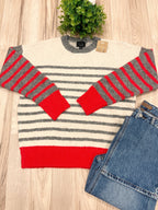 Red and Gray Horizontal Stripes ivory Crewneck Sweater - Women’s Sweater Top - by LUMIERE - True to Size