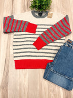 Red and Gray Horizontal Stripes ivory Crewneck Sweater - Women’s Sweater Top - by LUMIERE - True to Size
