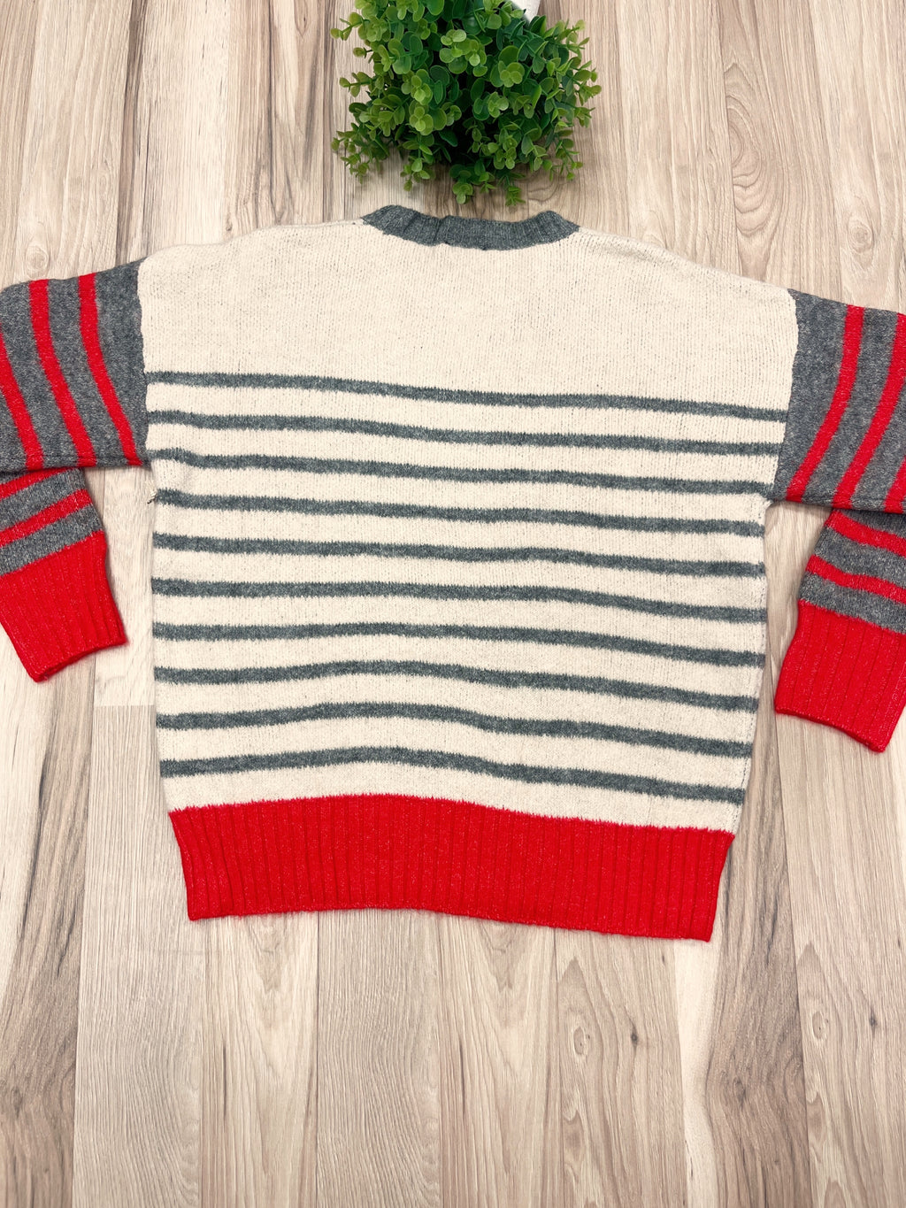 Red and Gray Horizontal Stripes ivory Crewneck Sweater - Women’s Sweater Top - by LUMIERE - True to Size