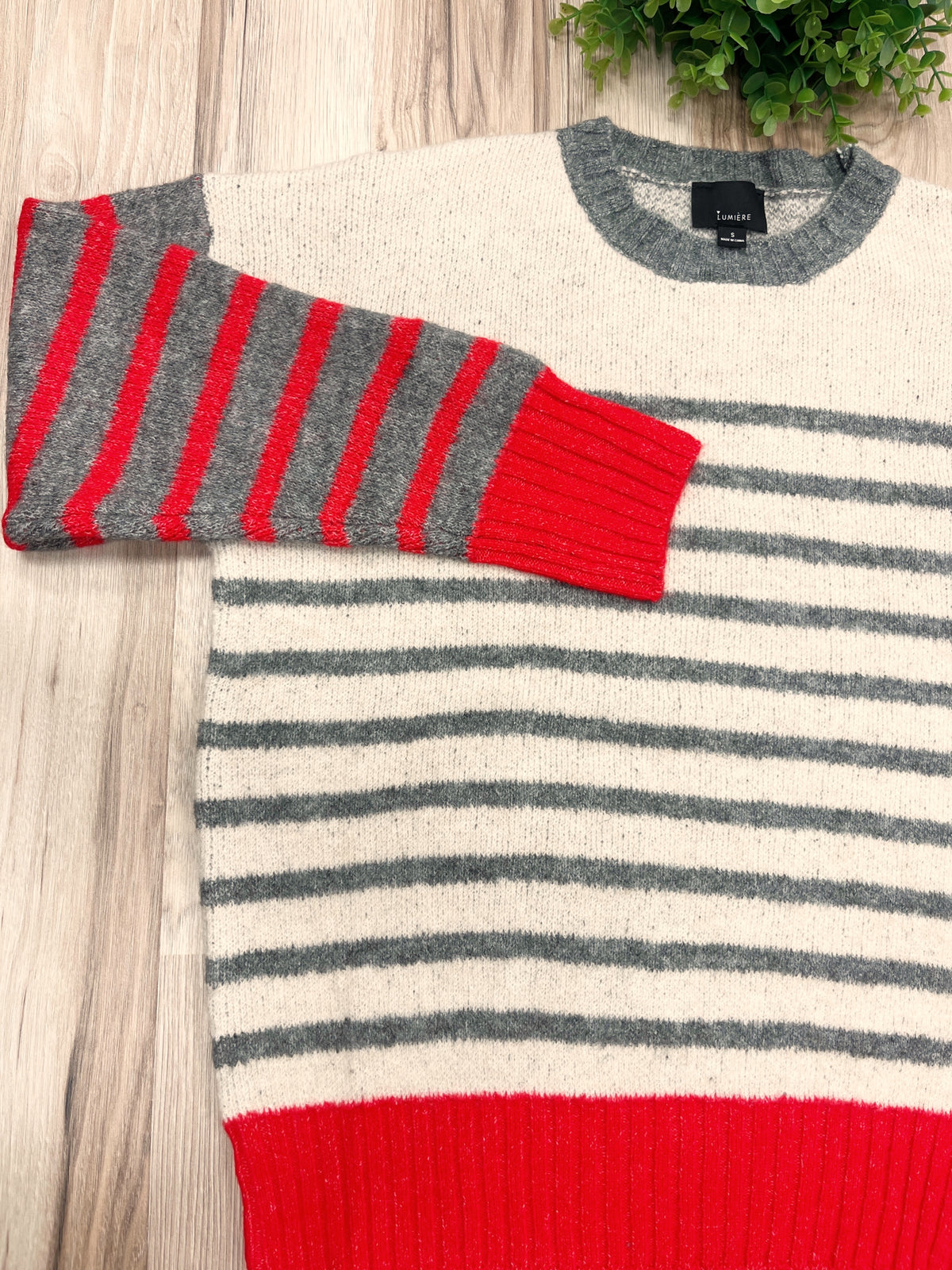 Red and Gray Horizontal Stripes ivory Crewneck Sweater - Women’s Sweater Top - by LUMIERE - True to Size
