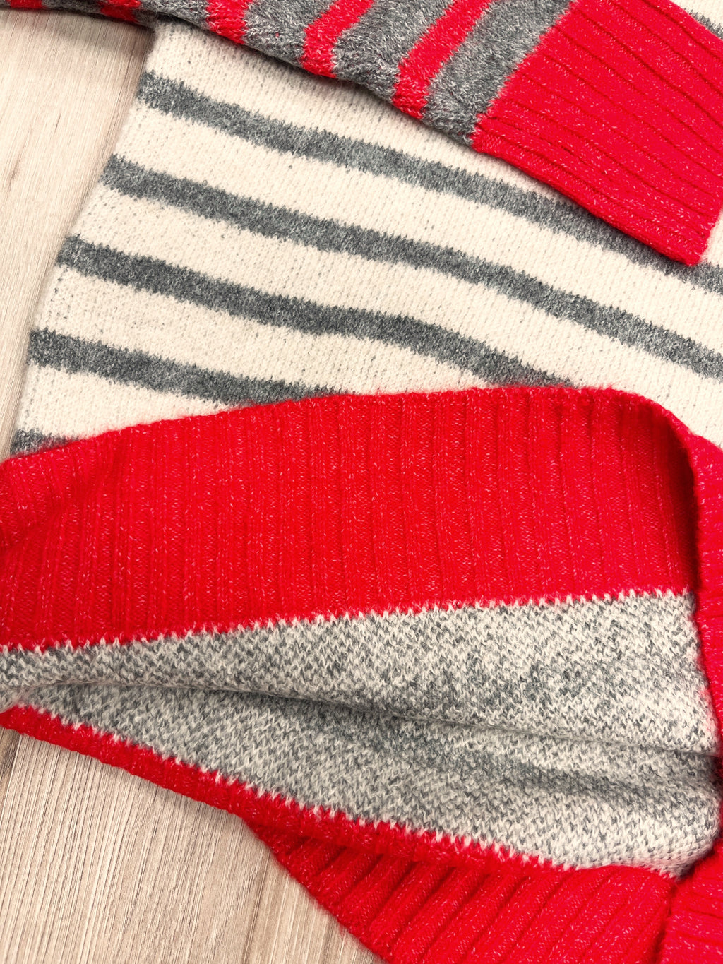 Red and Gray Horizontal Stripes ivory Crewneck Sweater - Women’s Sweater Top - by LUMIERE - True to Size
