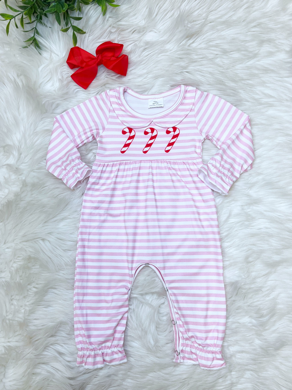 Pink Striped Candy Cane Christmas Romper - Girls Romper - by Mini Mee - True to Size