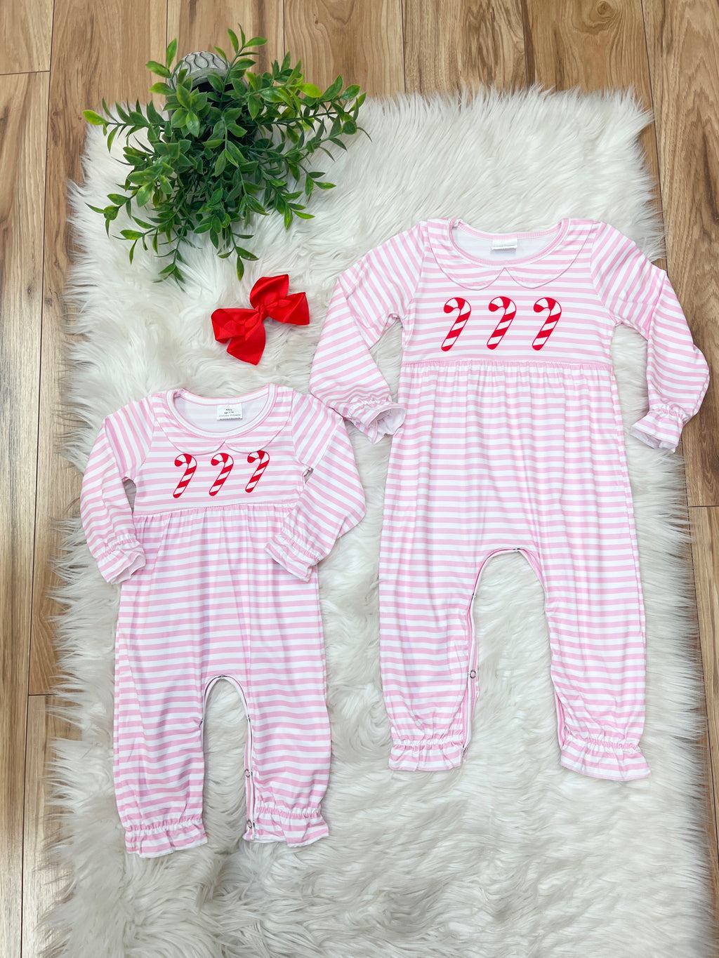 Pink Striped Candy Cane Christmas Romper - Girls Romper - by Mini Mee - True to Size