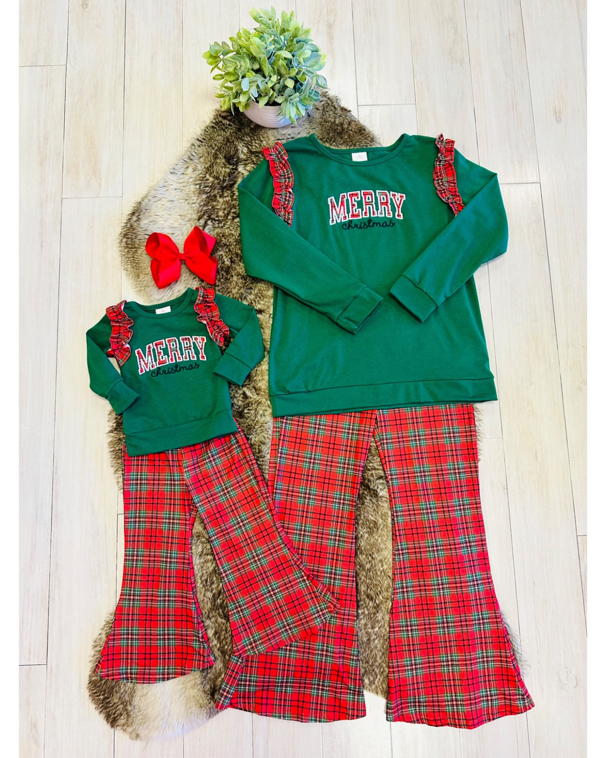 Merry Christmas Embroidered Plaid Outfit - Girls Pants Outfit - by Mini Mee - True to Size