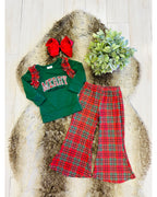 Merry Christmas Embroidered Plaid Outfit - Girls Pants Outfit - by Mini Mee - True to Size