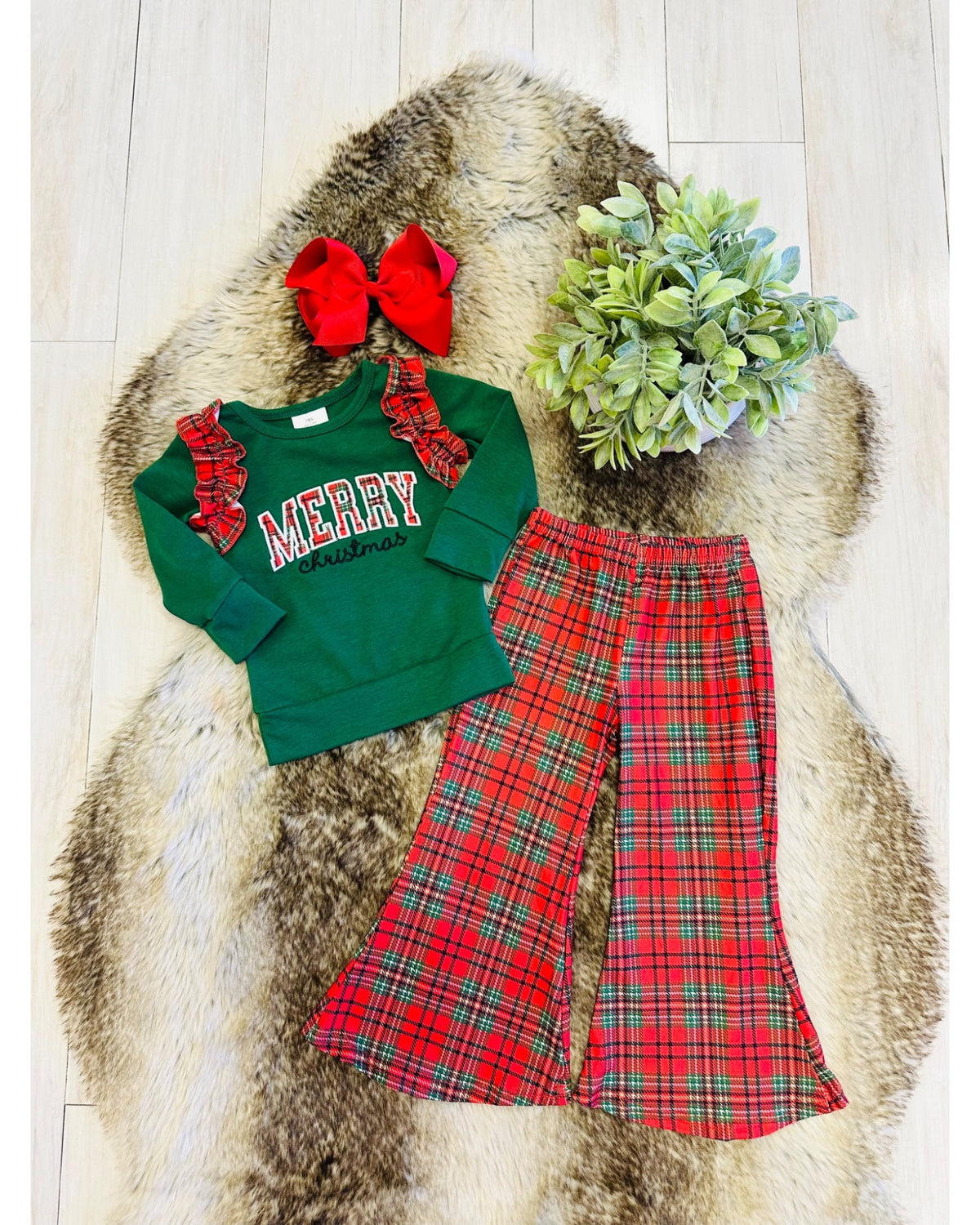 Merry Christmas Embroidered Plaid Outfit - Girls Pants Outfit - by Mini Mee - True to Size