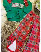 Merry Christmas Embroidered Plaid Outfit - Girls Pants Outfit - by Mini Mee - True to Size