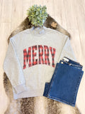 Grey Mockneck Pullover featuring “Merry” in Red & Black Plaid - Women’s Sweatshirt Top - by Evermmee - Oversized