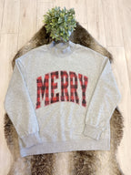 Grey Mockneck Pullover featuring “Merry” in Red & Black Plaid - Women’s Sweatshirt Top - by Evermmee - Oversized