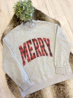 Grey Mockneck Pullover featuring “Merry” in Red & Black Plaid - Women’s Sweatshirt Top - by Evermmee - Oversized