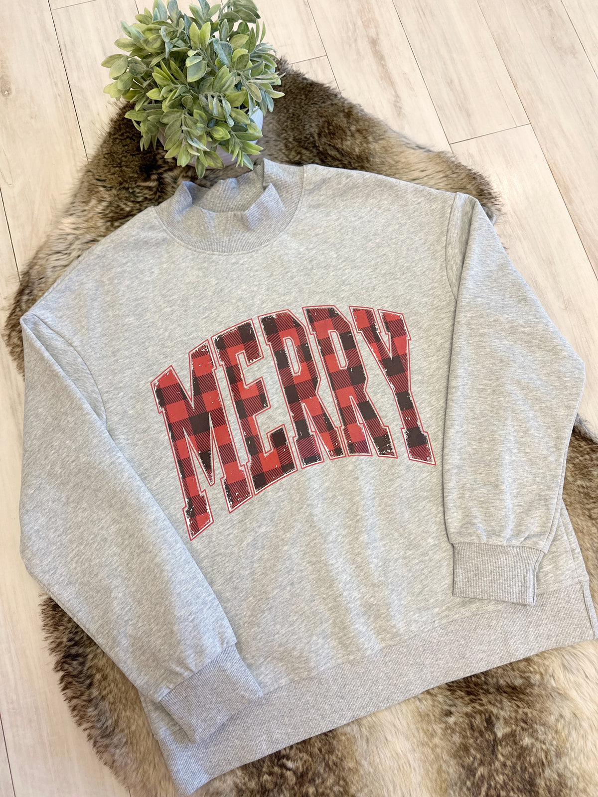 Grey Mockneck Pullover featuring “Merry” in Red & Black Plaid - Women’s Sweatshirt Top - by Evermmee - Oversized