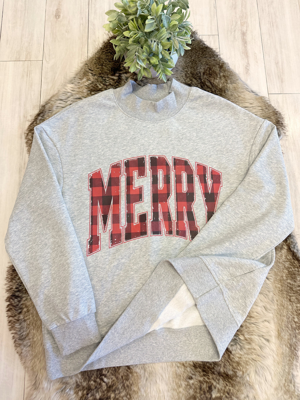 Grey Mockneck Pullover featuring “Merry” in Red & Black Plaid - Women’s Sweatshirt Top - by Evermmee - Oversized