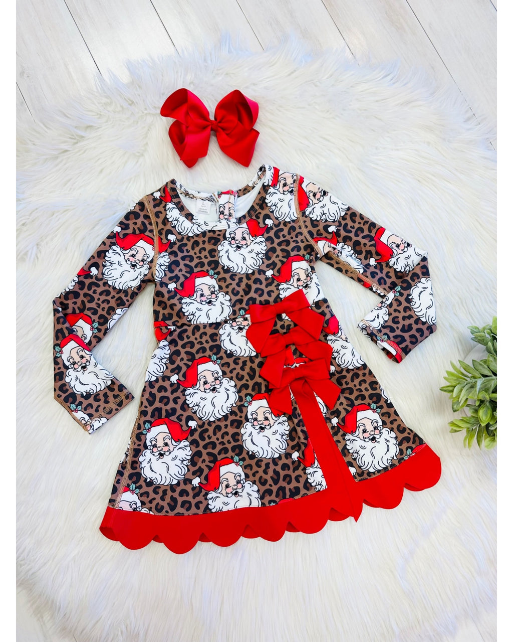 Cheetah Print Santa Christmas Dress with Red Bows - Girls Dress - by Mini Mee - True to Size
