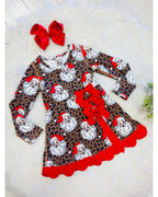 Cheetah Print Santa Christmas Dress with Red Bows - Girls Dress - by Mini Mee - True to Size