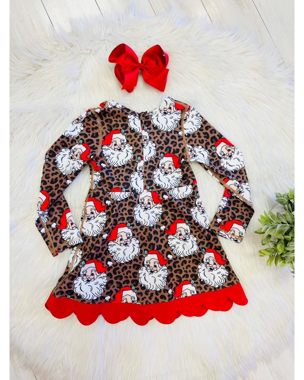 Cheetah Print Santa Christmas Dress with Red Bows - Girls Dress - by Mini Mee - True to Size