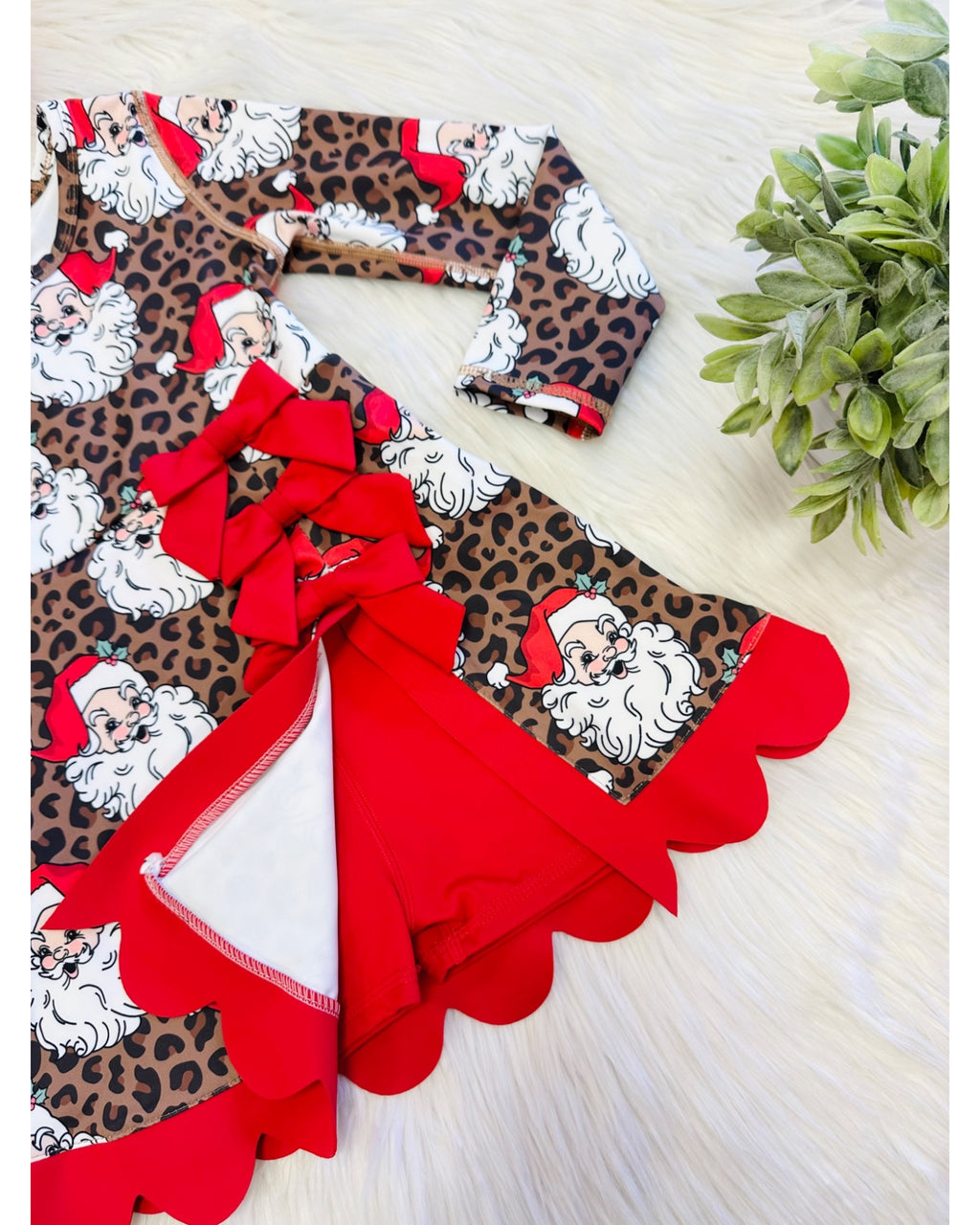 Cheetah Print Santa Christmas Dress with Red Bows - Girls Dress - by Mini Mee - True to Size