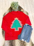 Red Mockneck Christmas Tree Patch Pullover - Women’s Sweatshirt Top - by Evermmee - Loose Fit