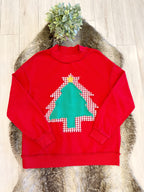 Red Mockneck Christmas Tree Patch Pullover - Women’s Sweatshirt Top - by Evermmee - Loose Fit