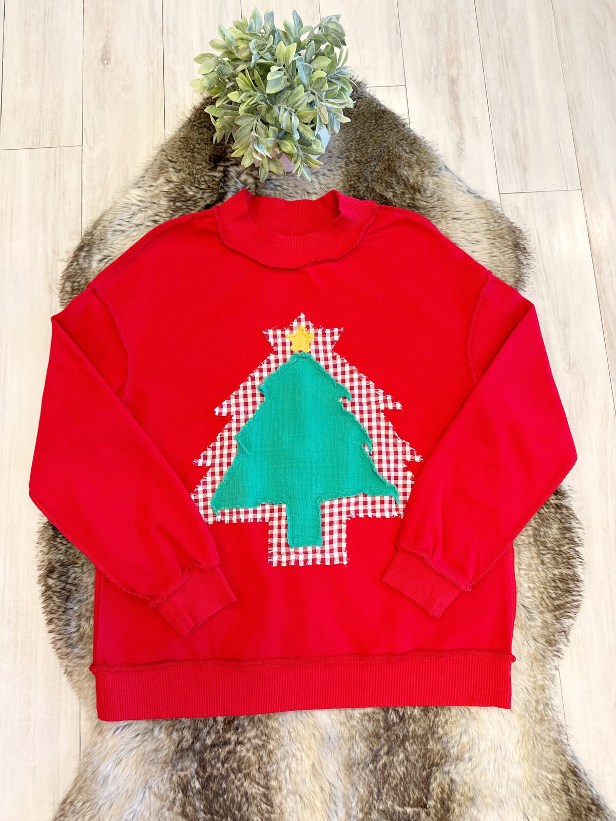 Red Mockneck Christmas Tree Patch Pullover - Women’s Sweatshirt Top - by Evermmee - Loose Fit